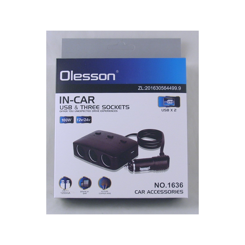 Разветвитель прикурив. (3 вых.+2USB) 1636 авто Olesson