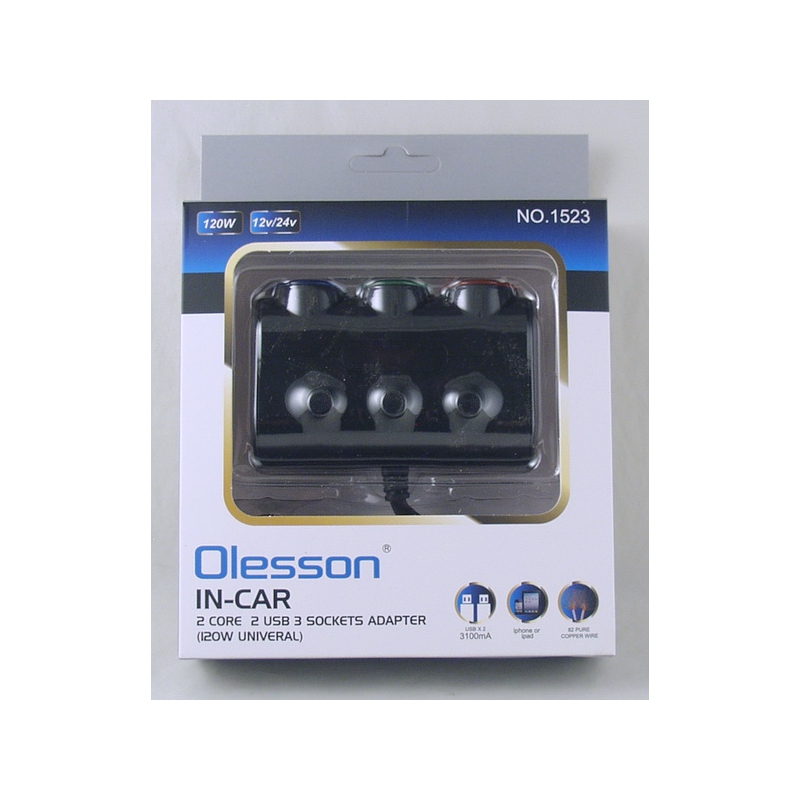 Разветвитель прикурив. (3 вых.+2USB) 1523 авто