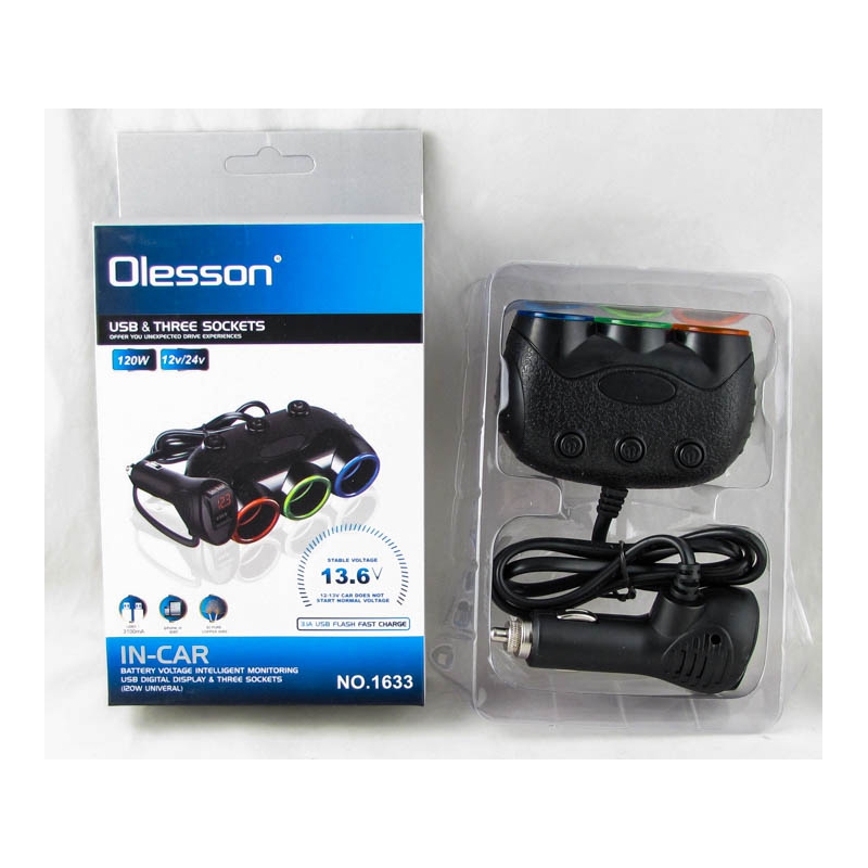 Разветвитель прикурив. (3 вых.+USB) 1633 3,1A Olesson с вольтметром