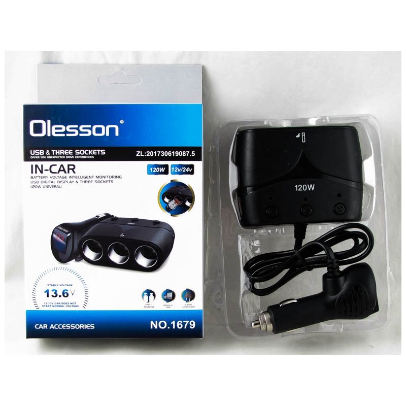 Разветвитель прикурив. (3 вых.) 1679 120W Olesson с вольтметром 