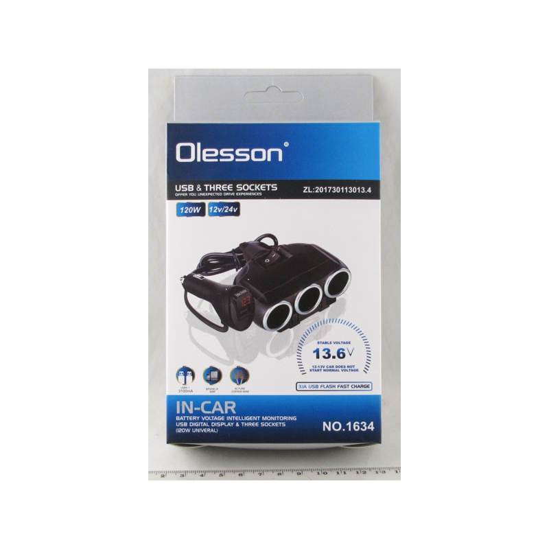 Разветвитель прикурив. (3 вых.+USB) 1634 Olesson с выключат., с вольтметром ??