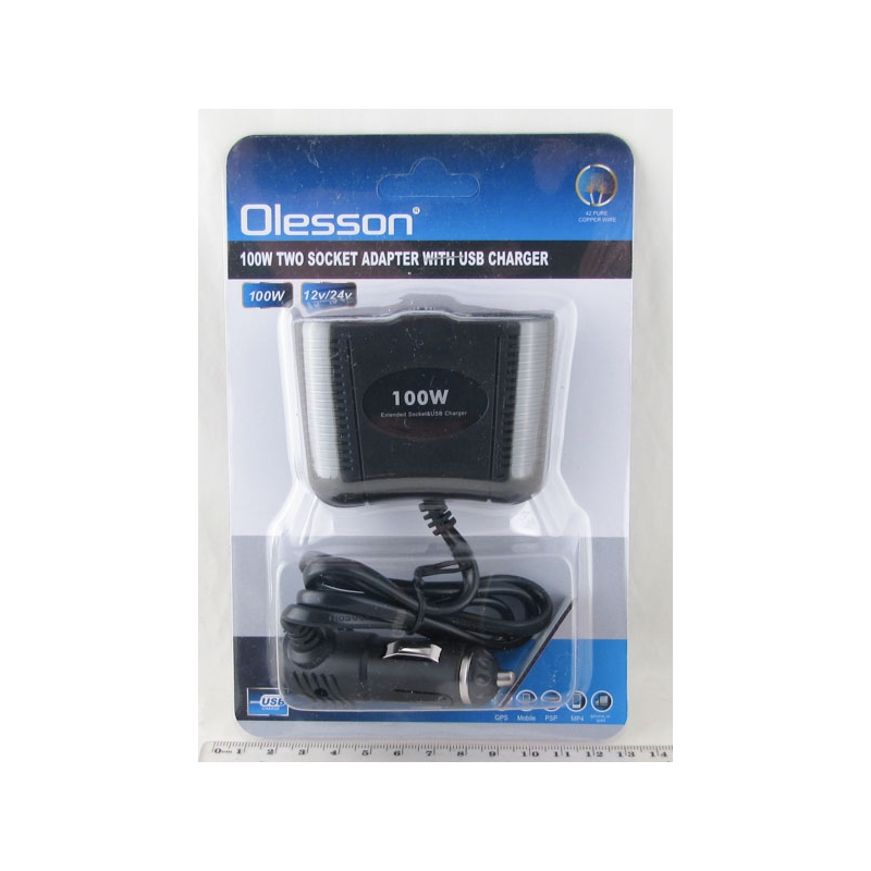 Разветвитель прикурив. (2 вых.+USB) 1645 авто c проводом Olesson