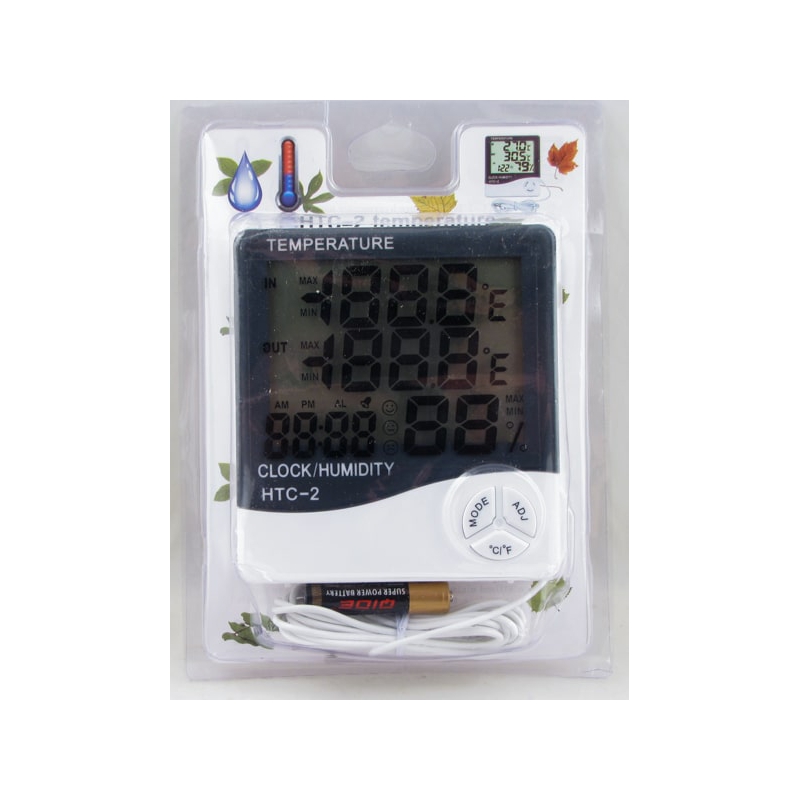 Термометр цифровой (внешний + внутр.) HTC-2B с гидрометром, часами