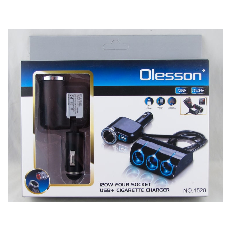 Разветвитель прикуривателя (3+1 вых.+USB) 1528 с подсветкой Olesson