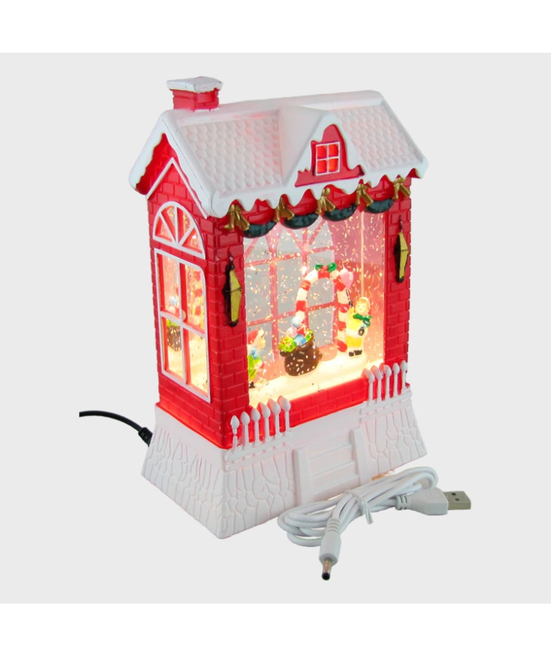 Новогодний фонарь  Домик красный с серой крышей (Снеговик и дети) 