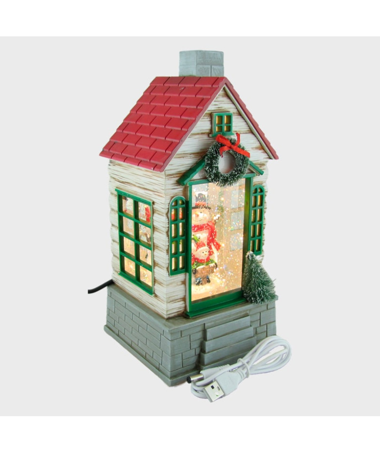 Новогодний фонарь  Домик с зелеными рамами (елка и дети) 2381А