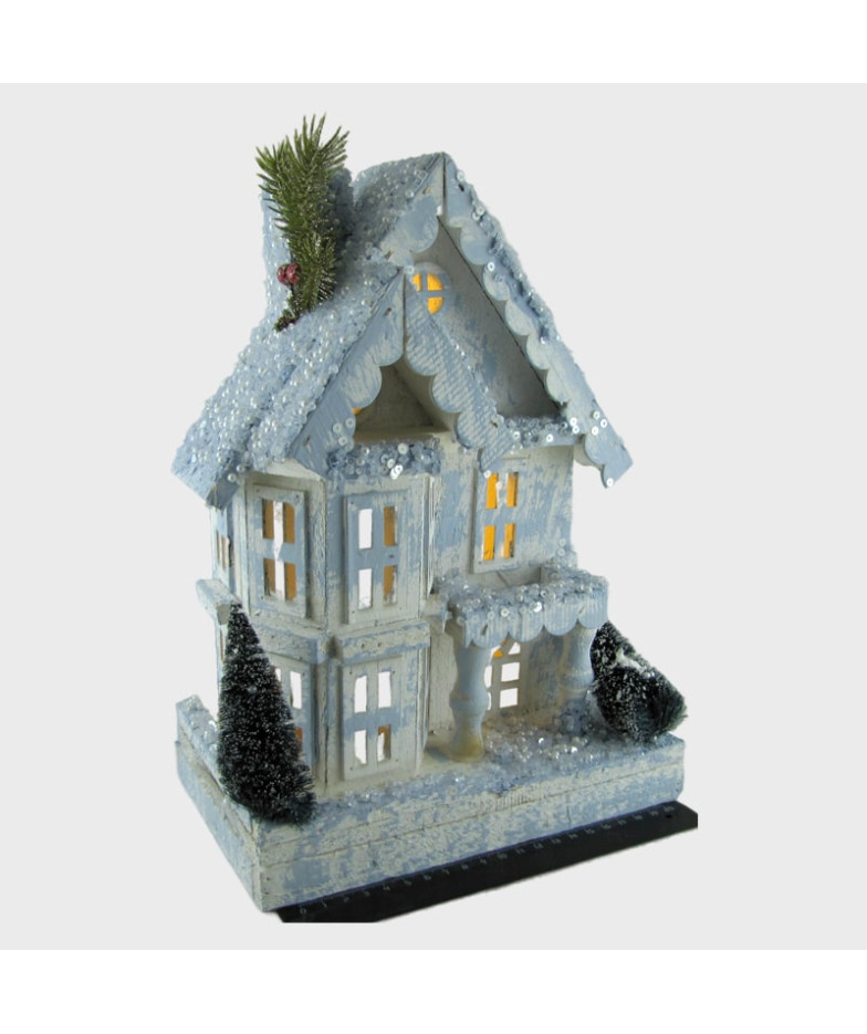 Новогодний  Домик деревянный с подсветкой голубой 70738