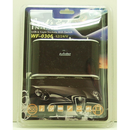Разветвитель прикурив. (3 вых.+USB) WF-0306 авто с выключ.